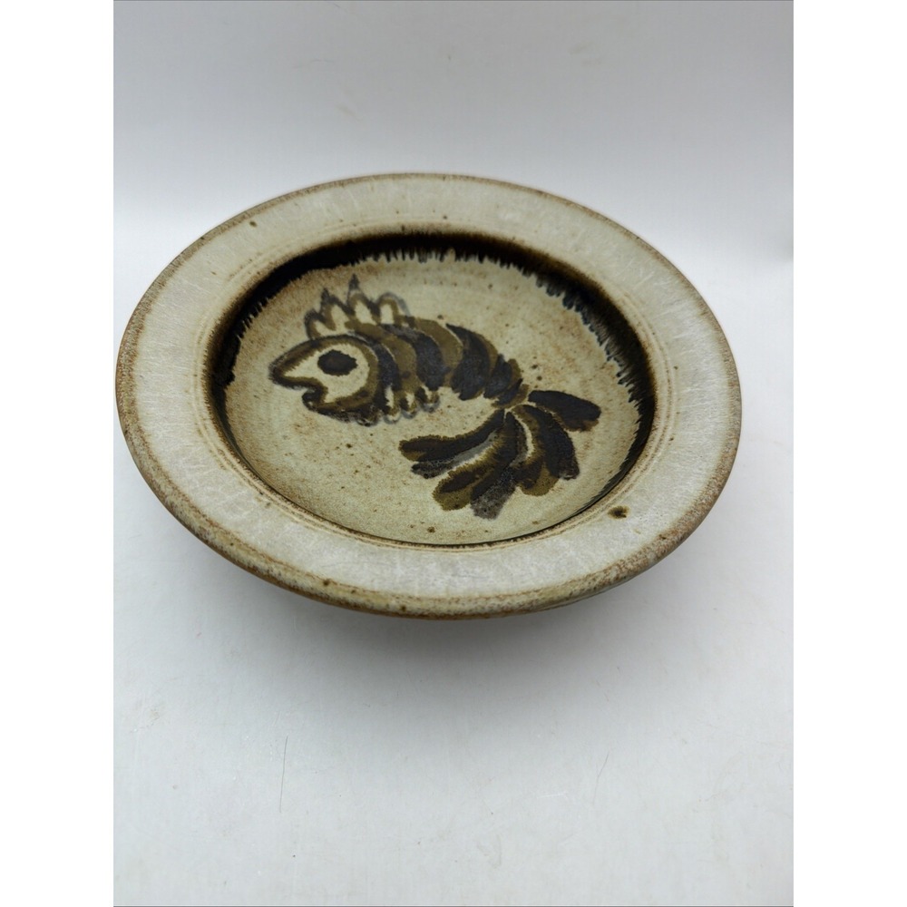 Studio Art Ramen Bowl Stoneware Hand Thrown Fish Noodles Signed Vintage